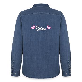 SUISSE. PAYS. GENEVE. HUMOUR. DRAPEAU - Chemise en denim homme bio Stanley/Stella - bleu moyen délavé  - Dos - AI Model Male 185 light (185cm)
