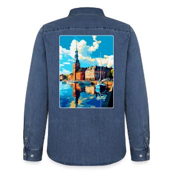 Helsingborg Sweden Vintage Travel Poster Souvenir - Men’s Organic Denim Shirt by Stanley/Stella - mid washy  - Back - AI Model Male 185 light (185cm)