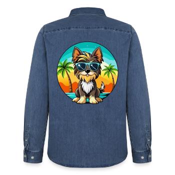 Biewer Terrier Hund Rasse Cartoon Sonnenbrille Strand - Männer Jeanshemd Organic von Stanley/Stella - verwaschenes Mittelblau  - Hinten - AI Model Male 185 light (185cm)