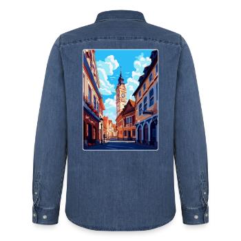 Weimar Germany Vintage Travel Poster Souvenir WPA - Men’s Organic Denim Shirt by Stanley/Stella - mid washy  - Back - AI Model Male 185 light (185cm)