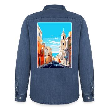 Cadix Espagne Affiche de voyage vintage WPA Art Souvenir - Chemise en denim homme bio Stanley/Stella - bleu moyen délavé  - Dos - AI Model Male 185 light (185cm)