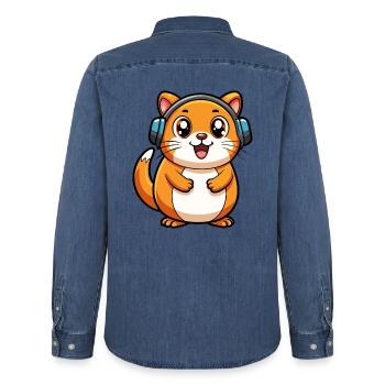 Hamster Lustige Zeichentrickfigur Kopfhörer Musik - Männer Jeanshemd Organic von Stanley/Stella - verwaschenes Mittelblau  - Hinten - AI Model Male 185 light (185cm)
