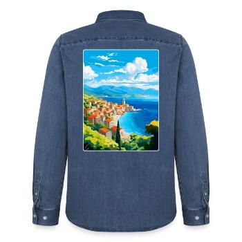 Budva Montenegro Vintage Reiseplakat Souvenir - Männer Jeanshemd Organic von Stanley/Stella - verwaschenes Mittelblau  - Hinten - AI Model Male 185 light (185cm)