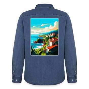 Affiche de voyage vintage de Sao Miguel Portugal Souvenir - Chemise en denim homme bio Stanley/Stella - bleu moyen délavé  - Dos - AI Model Male 185 light (185cm)