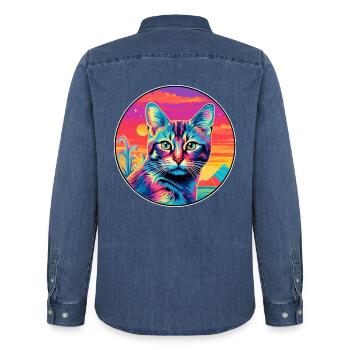 Pixie Bob Katzenrasse Aquarell Cartoon Kawaii Haustier - Männer Jeanshemd Organic von Stanley/Stella - verwaschenes Mittelblau  - Hinten - AI Model Male 185 light (185cm)