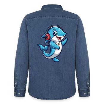 Delfin Lustige Zeichentrickfigur Kopfhörer Musik - Männer Jeanshemd Organic von Stanley/Stella - verwaschenes Mittelblau  - Hinten - AI Model Male 185 light (185cm)
