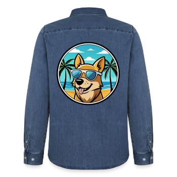 Portugiesische Podengo Hunderasse Cartoon Sonnenbrille - Männer Jeanshemd Organic von Stanley/Stella - verwaschenes Mittelblau  - Hinten - AI Model Male 185 light (185cm)