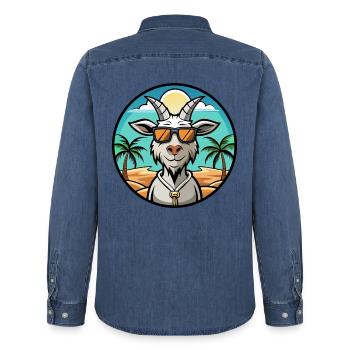 Chèvre Drôle Dessin Animé Plage D’été Lunettes De Soleil Autocollant - Chemise en denim homme bio Stanley/Stella - bleu moyen délavé  - Dos - AI Model Male 185 light (185cm)