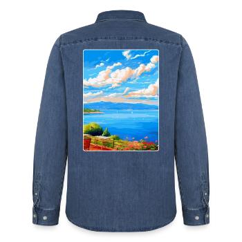 Lac de Bracciano Italie Affiche de voyage vintage WPA Art - Chemise en denim homme bio Stanley/Stella - bleu moyen délavé  - Dos - AI Model Male 185 light (185cm)