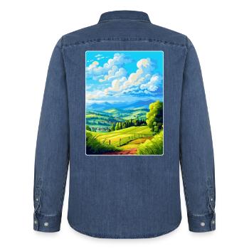 Upper Palatinate Germany Vintage Travel Poster WPA - Men’s Organic Denim Shirt by Stanley/Stella - mid washy  - Back - AI Model Male 185 light (185cm)