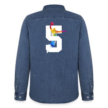 NUMÉRO 5 BASKETBALL 5E ANNIVERSAIRE - Chemise en denim homme bio Stanley/Stella - bleu moyen délavé  - Dos - AI Model Male 185 light (185cm)