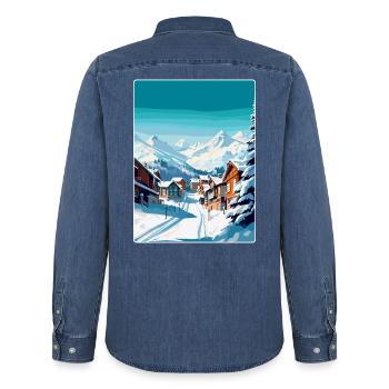 Val Thorens Frankreich Vintage Reiseplakat Souvenir - Männer Jeanshemd Organic von Stanley/Stella - verwaschenes Mittelblau  - Hinten - AI Model Male 185 light (185cm)