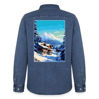 Megève France Affiche de voyage vintage WPA Souvenir - Chemise en denim homme bio Stanley/Stella - bleu moyen délavé  - Dos - AI Model Male 185 light (185cm)