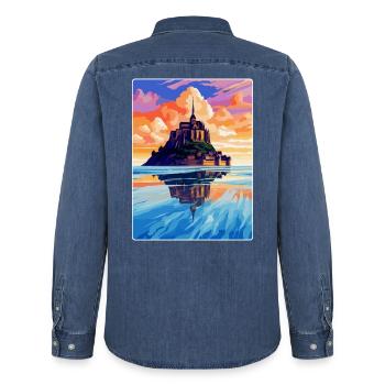 Mont Saint Michel Frankreich Vintage Reiseposter WPA - Männer Jeanshemd Organic von Stanley/Stella - verwaschenes Mittelblau  - Hinten - AI Model Male 185 light (185cm)