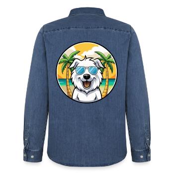Great Pyrenees Dog Breed Cartoon Sunglasses Beach - Men’s Organic Denim Shirt by Stanley/Stella - mid washy  - Back - AI Model Male 185 light (185cm)