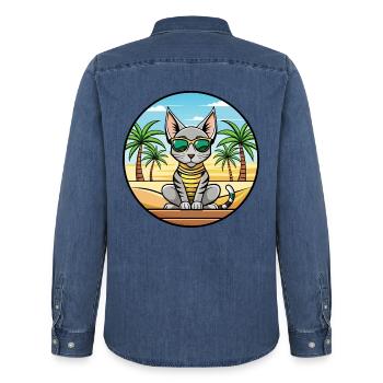 Ägyptische Mau-Katzenrasse Cartoon-Sonnenbrille Strand - Männer Jeanshemd Organic von Stanley/Stella - verwaschenes Mittelblau  - Hinten - AI Model Male 185 light (185cm)