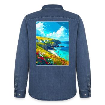 Cornwall England Uk Vintage Reiseplakat Souvenir - Männer Jeanshemd Organic von Stanley/Stella - verwaschenes Mittelblau  - Hinten - AI Model Male 185 light (185cm)