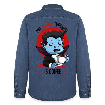 Dessin animé Blood Coffee Vampire - Chemise en denim homme bio Stanley/Stella - bleu moyen délavé  - Dos - AI Model Male 185 light (185cm)