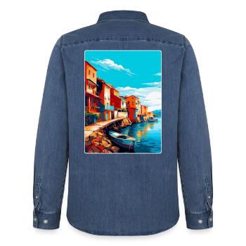 Costa Nova Portugal Vintage Travel Poster Souvenir - Men’s Organic Denim Shirt by Stanley/Stella - mid washy  - Back - AI Model Male 185 light (185cm)