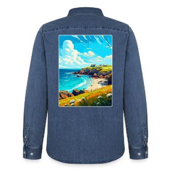 Cornwall England Uk Vintage Reiseplakat Souvenir - Männer Jeanshemd Organic von Stanley/Stella - verwaschenes Mittelblau  - Hinten - AI Model Male 185 light (185cm)