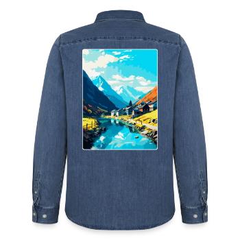 Andermatt Schweiz Vintage Reiseposter WPA - Männer Jeanshemd Organic von Stanley/Stella - verwaschenes Mittelblau  - Hinten - AI Model Male 185 light (185cm)