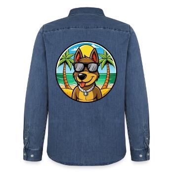Deutscher Jagdterrier Hunderasse Cartoon Beach - Männer Jeanshemd Organic von Stanley/Stella - verwaschenes Mittelblau  - Hinten - AI Model Male 185 light (185cm)