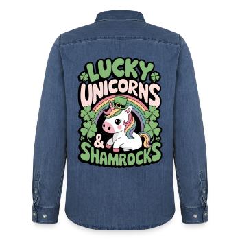 Licornes et trèfles porte-bonheur - Chemise en denim homme bio Stanley/Stella - bleu moyen délavé  - Dos - AI Model Male 185 light (185cm)