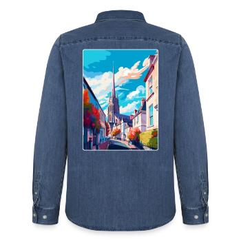 Truro England UK Vintage Reiseposter Wandkunst - Männer Jeanshemd Organic von Stanley/Stella - verwaschenes Mittelblau  - Hinten - AI Model Male 185 light (185cm)