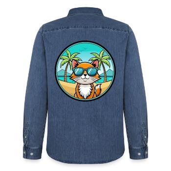 Hantilly Tiffany Race Chat Dessin Animé Lunettes de Soleil Plage - Chemise en denim homme bio Stanley/Stella - bleu moyen délavé  - Dos - AI Model Male 185 light (185cm)