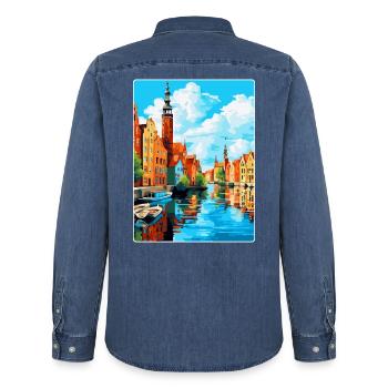 Danzig Polen Vintage Reiseposter WPA Souvenir - Männer Jeanshemd Organic von Stanley/Stella - verwaschenes Mittelblau  - Hinten - AI Model Male 185 light (185cm)