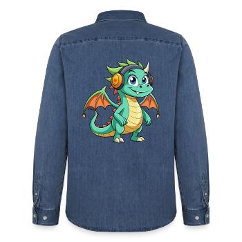Drache Lustige Zeichentrickfigur Kopfhörer Musik - Männer Jeanshemd Organic von Stanley/Stella - verwaschenes Mittelblau  - Hinten - AI Model Male 185 light (185cm)