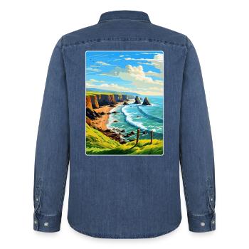 Hartland Quay Devon Vintage Travel Poster Souvenir - Men’s Organic Denim Shirt by Stanley/Stella - mid washy  - Back - AI Model Male 185 light (185cm)
