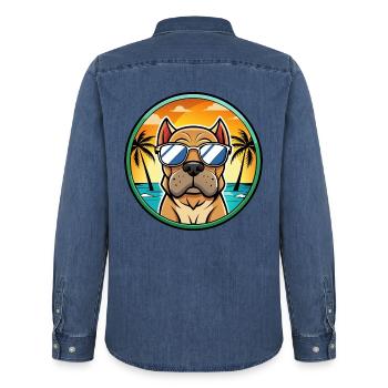 Mastiff Hund Rasse Cartoon Sonnenbrille Strand - Männer Jeanshemd Organic von Stanley/Stella - verwaschenes Mittelblau  - Hinten - AI Model Male 185 light (185cm)