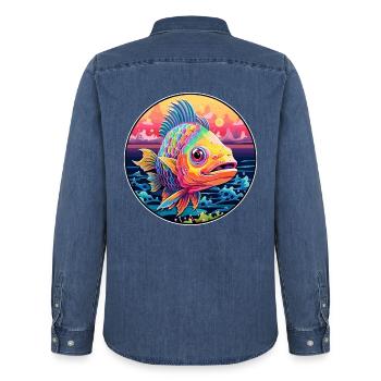 Fisch Buntes Aquarell Cartoon Kawaii Tier - Männer Jeanshemd Organic von Stanley/Stella - verwaschenes Mittelblau  - Hinten - AI Model Male 185 light (185cm)