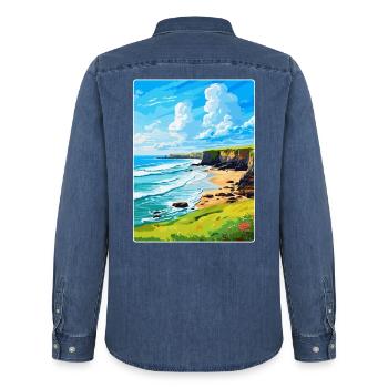 Bude Cornwall, England, Vereinigtes Königreich, Reiseposter, Souvenir - Männer Jeanshemd Organic von Stanley/Stella - verwaschenes Mittelblau  - Hinten - AI Model Male 185 light (185cm)