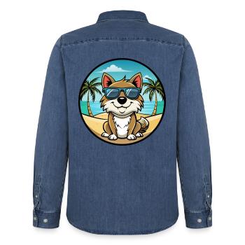 Majorque Ratter Chien Race Dessin Animé Lunettes De Soleil Plage - Chemise en denim homme bio Stanley/Stella - bleu moyen délavé  - Dos - AI Model Male 185 light (185cm)