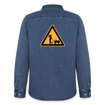Father's Day warning sign - Men’s Organic Denim Shirt by Stanley/Stella - mid washy  - Back - AI Model Male 185 light (185cm)