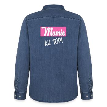 MAMIE. GRAND-MERE. FÊTE DES MÈRES. BONNE FÊTE - Chemise en denim homme bio Stanley/Stella - bleu moyen délavé  - Dos - AI Model Male 185 light (185cm)