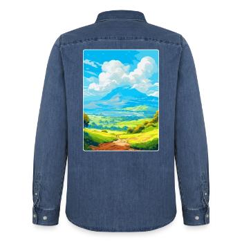 Mont Taygète Grèce Affiche de voyage vintage WPA - Chemise en denim homme bio Stanley/Stella - bleu moyen délavé  - Dos - AI Model Male 185 light (185cm)
