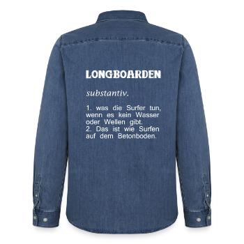 Rasanter Longboarder Küstenstraße - Männer Jeanshemd Organic von Stanley/Stella - verwaschenes Mittelblau  - Hinten - AI Model Male 185 light (185cm)