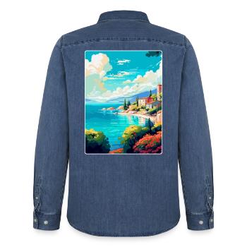 Insel Vis Kroatien Vintage Reiseplakat Souvenir - Männer Jeanshemd Organic von Stanley/Stella - verwaschenes Mittelblau  - Hinten - AI Model Male 185 light (185cm)