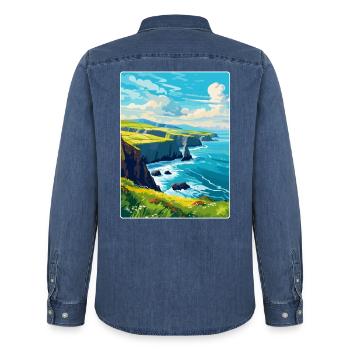 Péninsule de Dingle Irlande Royaume-Uni Affiche de voyage vintage - Chemise en denim homme bio Stanley/Stella - bleu moyen délavé  - Dos - AI Model Male 185 light (185cm)