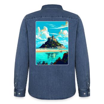 St Michaels Mount England Uk Travel Poster WPA - Men’s Organic Denim Shirt by Stanley/Stella - mid washy  - Back - AI Model Male 185 light (185cm)