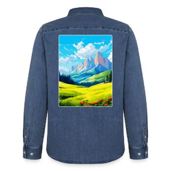 Dolomiten Italien Vintage Reiseplakat Souvenir WPA - Männer Jeanshemd Organic von Stanley/Stella - verwaschenes Mittelblau  - Hinten - AI Model Male 185 light (185cm)