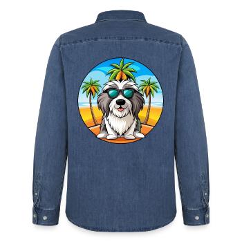 Bärtiger Collie Hund Rasse Cartoon Sonnenbrille Strand - Männer Jeanshemd Organic von Stanley/Stella - verwaschenes Mittelblau  - Hinten - AI Model Male 185 light (185cm)