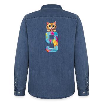 9 ANS CHAT 9ÈME ANNIVERSAIRE - Chemise en denim homme bio Stanley/Stella - bleu moyen délavé  - Dos - AI Model Male 185 light (185cm)