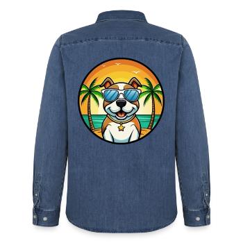 Pitbull Hund Rasse Cartoon Sonnenbrille Strand - Männer Jeanshemd Organic von Stanley/Stella - verwaschenes Mittelblau  - Hinten - AI Model Male 185 light (185cm)