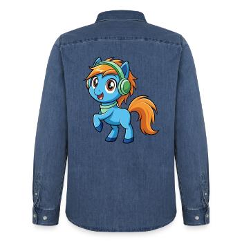 Pony Lustige Zeichentrickfigur Kopfhörer Musik - Männer Jeanshemd Organic von Stanley/Stella - verwaschenes Mittelblau  - Hinten - AI Model Male 185 light (185cm)