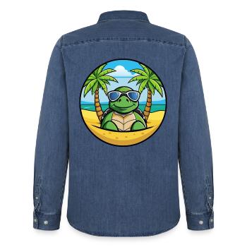 Turtle Funny Cartoon Summer Beach Sunglasses Cool - Men’s Organic Denim Shirt by Stanley/Stella - mid washy  - Back - AI Model Male 185 light (185cm)