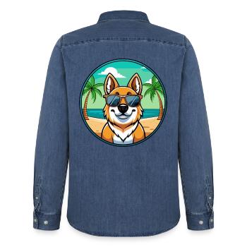 Chien Mioritique Roumain Race Dessin Animé Lunettes De Soleil Plage - Chemise en denim homme bio Stanley/Stella - bleu moyen délavé  - Dos - AI Model Male 185 light (185cm)